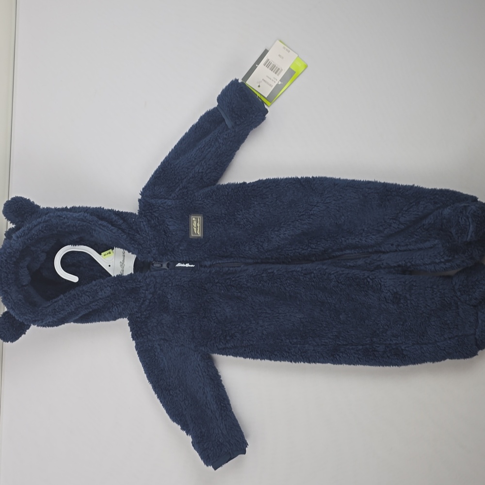 (NWT) Eddie Bauer Baby One-Piece Fuzzy Bear Hooded Footie, Size 0-3 M Blue